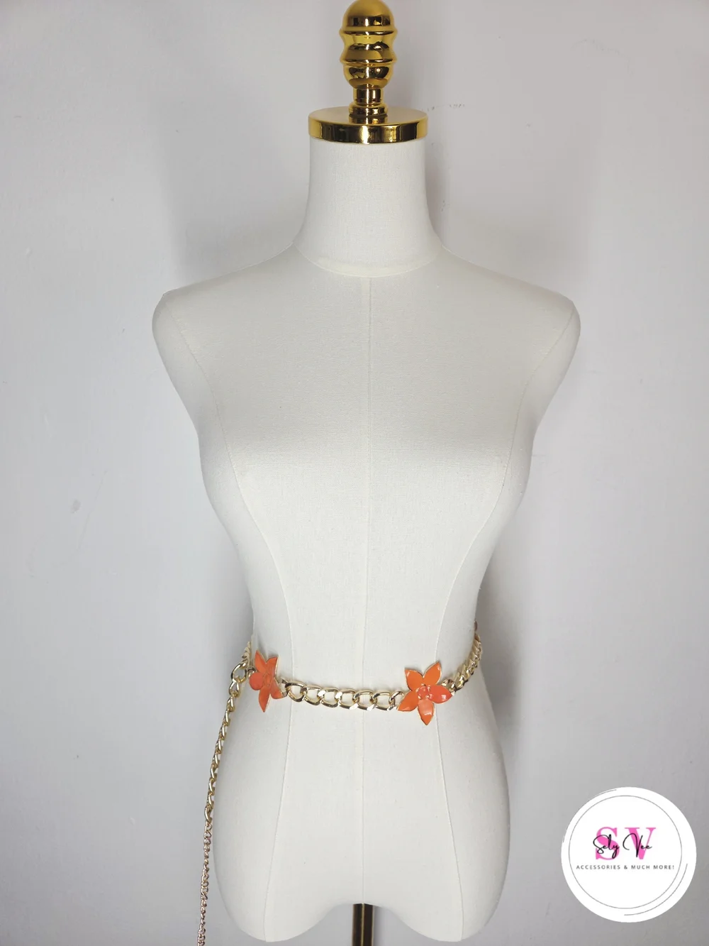 Gold Chain Flower Waist Belt with Orange Flowers
